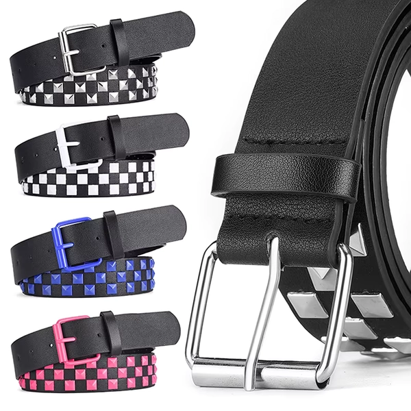 New Personalised Rivets Checkerboard PU Leather Belt 107CM Men And Women Universal Fashion Hip-hop Punk Belt Ins Style - AliExpress 