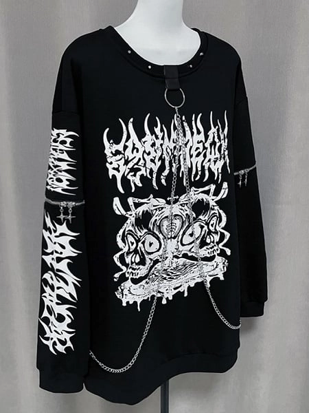 [$36.00]Gothic Chain-Embellished Black Pullover Sweatshirt with Studded Neckline & Zipper Sleeves