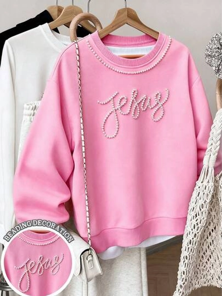 Resyla Women's Faux Pearl Bow Decor Casual Round Neck Sweatshirt, Suitable For Autumn/Winter, Daily Commute, Outdoor, Women's Gifts, Siblings Gifts, Sisters Gifts, Mom Gifts, Mother's Day Gifts