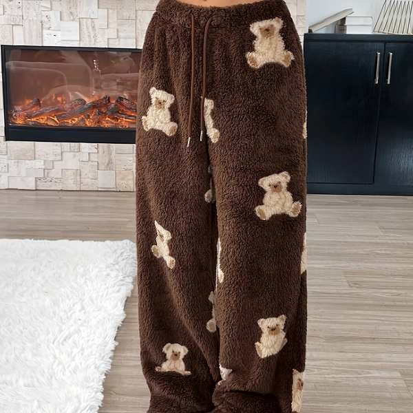 Women's Plush Bear Print Winter Pajama Pants - Cozy Fleece-Like Texture Thermal Lounge Pants with Elastic Cuff & Drawstring Waist, Machine Washable Brown Teddy Bear Pattern Sleepwear for Home, Soft Casual Pants for Women (Adult) - Style, Non-Stretch Fabric, Warm Winter Wear, Brown & Black Bear Design, Ideal for Lounging & Sleepwear, Pajama Pants For Women, Fluffy Pyjama Pants, Winter Pajamas For Women, Pijama Pantalon, Plaid Pajama Pants, Pajamas For Women,