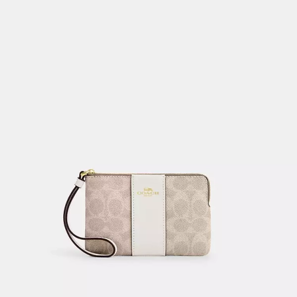 Coach Gold/Tan/Black Corner Zip Wristlet In Signature Canvas With Stripe