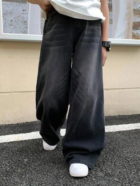 SHEIN Teen Boy Fashion Casual Y2k Vintage Cool Street Returns To School College Black Loose Comfortable And Simple Basic Jeans For Teen Boy Clothes Boys Soft Dailywear And Teen Boy Fall And Autumn Or Winter Clothes Back To School Homecoming Rave Outfits Festival And Beach Outfits Streetwear School Clothes Black Baggy Jeans