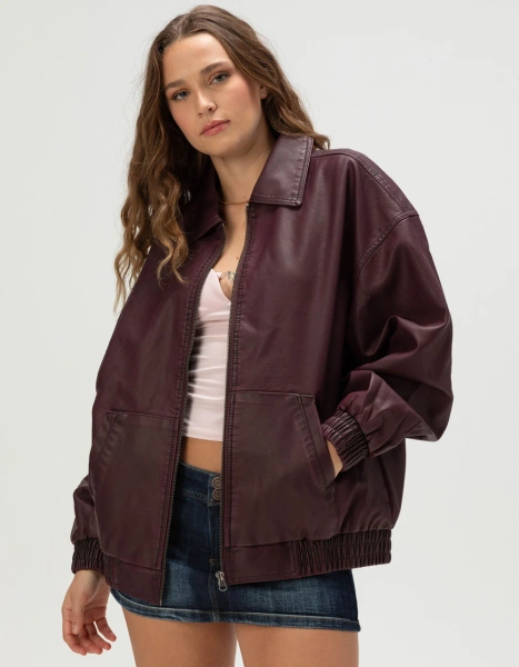 RSQ Womens Oversized Faux Leather Bomber Jacket - BURGUNDY