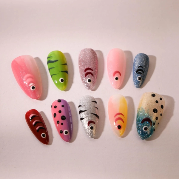 Hand-Painted Fish Lure Press-On Nails: Y2K Nail Art