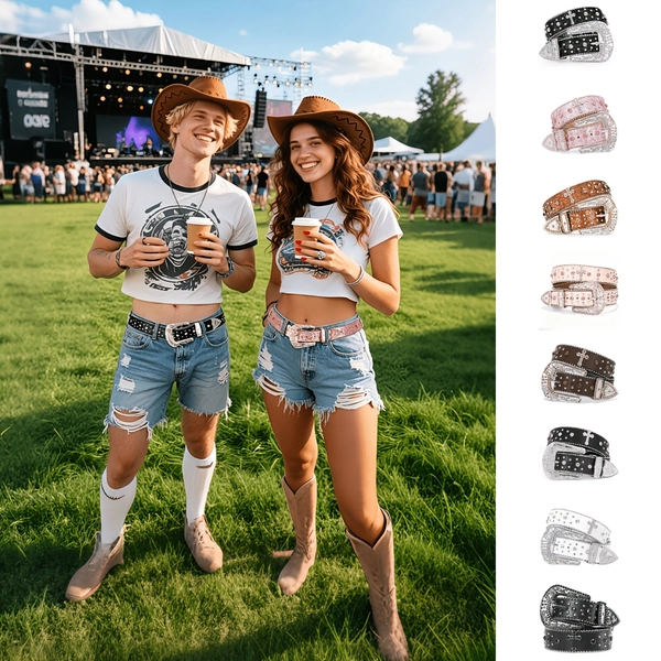 [Rhinestone Studded Belt] 1pc WHIPPY PU Leather Belt Suitable for Men & Women - Rhinestone Studded Punk Carved Buckle Belt with Sky Rhinestone Carvings, Unisex Western Festival Accessories, Hip-Hop Belt for Costumes, Parties, Daily Wear