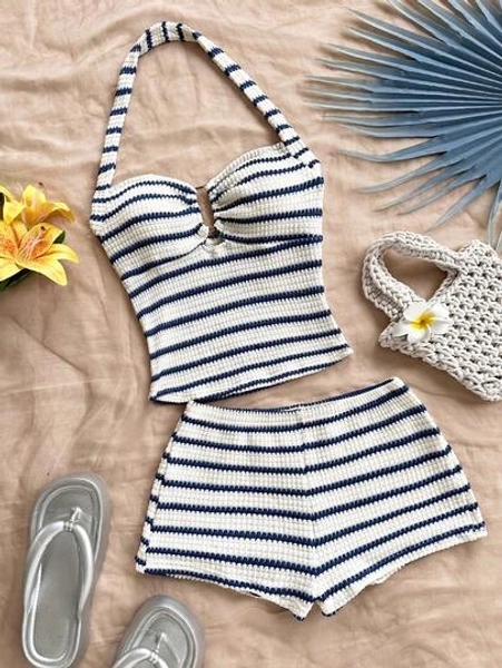 Soleia Women's Vacation Striped Halter Top And Shorts Casual 2 Pieces Set - Size L