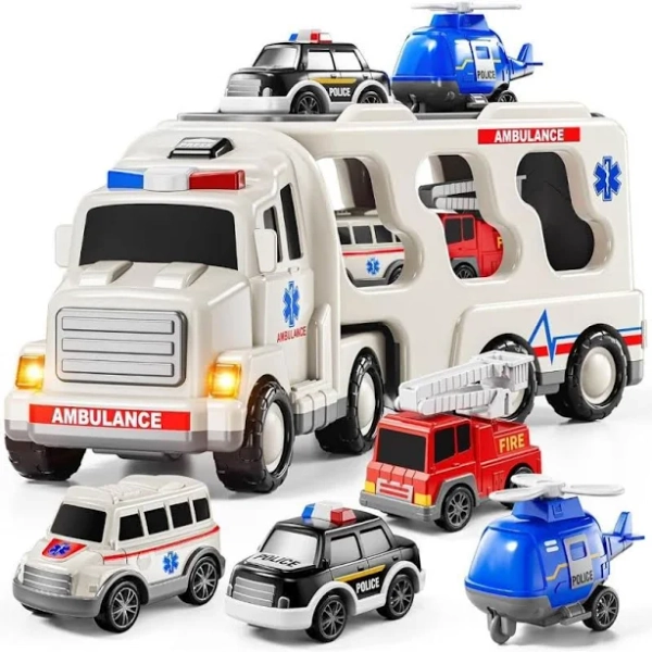 Truck Toy for 3 4 5 6 Years Old Boys-Carrier Vehicle Toy Set with 3 Small Cars and 1 Helicopter, Kids Firction Powered Car for Age 3-9, Gifts for Boys