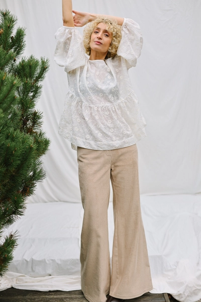 Oversized Dropped Shoulders Embroidery Silk Blouse EVE