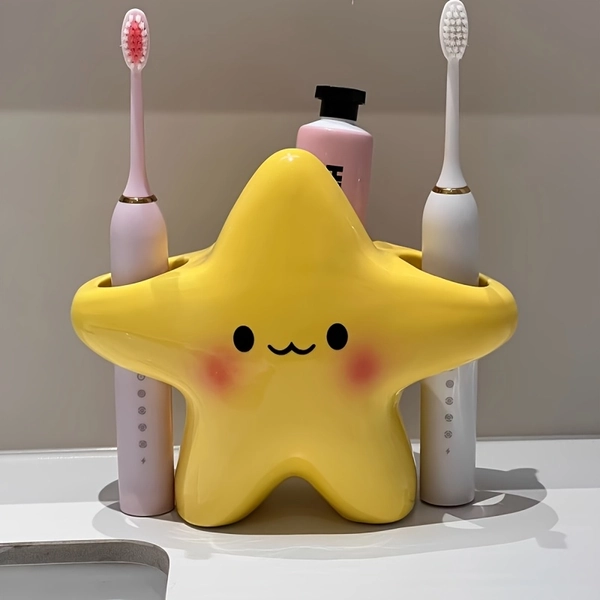 1 Cute Star-Shaped Plastic Toothbrush Holder - Freestanding Bathroom Organizer with Adorable Face Design, Durable Plastic Construction, Space-Saving Toothbrush and Toothpaste Stand