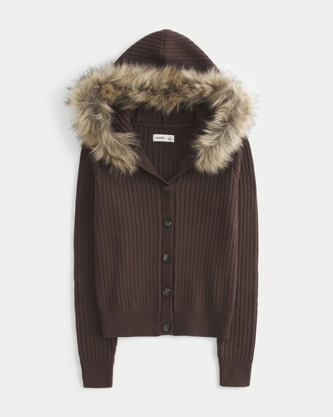 Hooded Faux Fur Trim Cardigan
