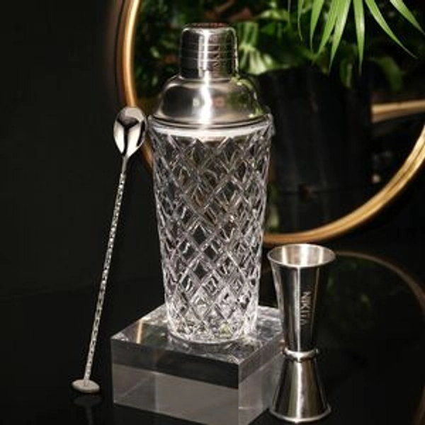 Luxury Silver Cocktail Shaker, Jigger And Stirrer Set, Glass Cocktail Shaker Set, Cocktail Mixing Set