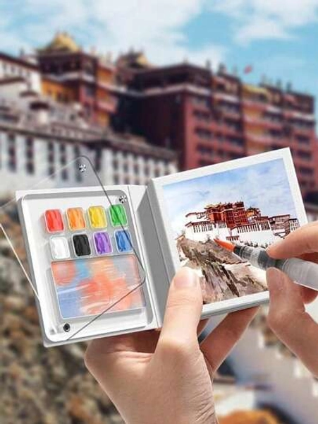 1 Mini Portable Watercolor Pigment Book, Travel Coloring Notebook, Sketchbook Palette Set, Watercolor Pigment Small Grid Packaging, Suitable For Painting Use,Back To School