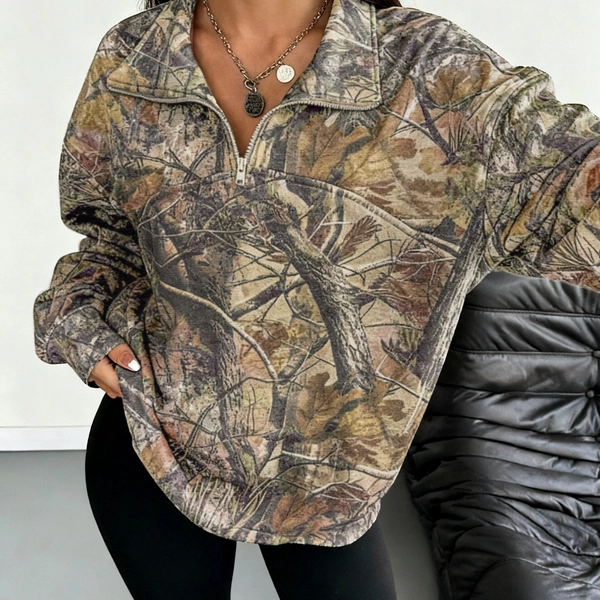 Women'S Casual Loose Half-Zip Stand Collar Pullover with Retro Tree Pattern, Casual Women'S Everyday Sweatshirt for Autumn and Winter, Autumn Winter Apparel | Retro Tree Pattern | Stretchy Fabric
