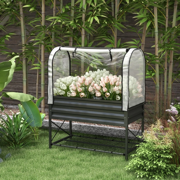Outsunny Raised Garden Bed with Cover and Storage Shelf, Rectangular Metal Elevated Planter Box