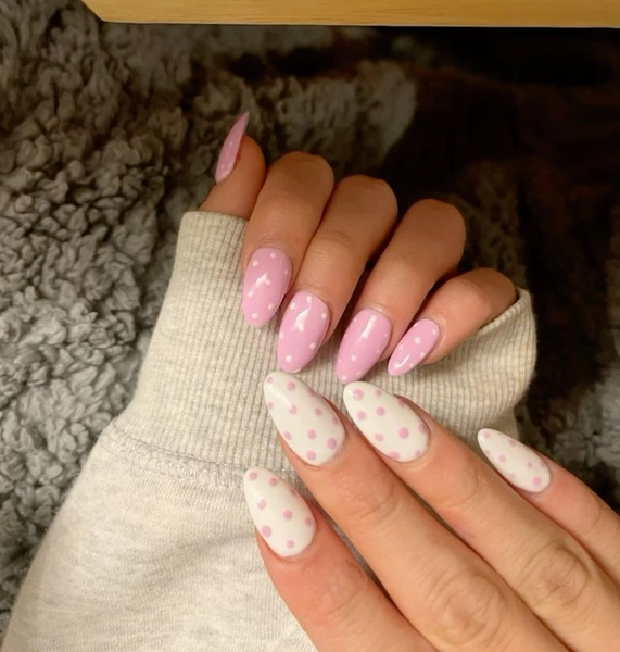 pink & white polka dot nails 🎀 in 2025 | Polka dot nails, Pink nails, Dots nails