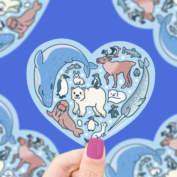 Winter Animals Heart Sticker, Polar Bear, Walrus, Penguin, Narwhal, Elk, Salmon, Artic Fox, Whale, Cute Zoo Animals, Cold Animals, Icy Decal