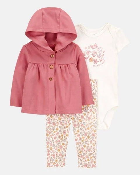 Carter's Baby Girls 3-Piece Cotton Cardigan, Bodysuit, and Pants Set