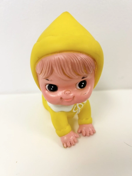 Vintage 1980s Baby Squeak Toy Rosco Yellow Crawling Rubber Doll Taco