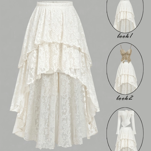 Vintage Royal Floral Jacquard Skirt, Double-Tiered Hem Short Front Long Back Design, Elegant And Versatile Asymmetrical Ruffled, Suitable for Dates Parties Birthdays Holidays, Valentine's Day Casual Dating Formal Dinner, Beige