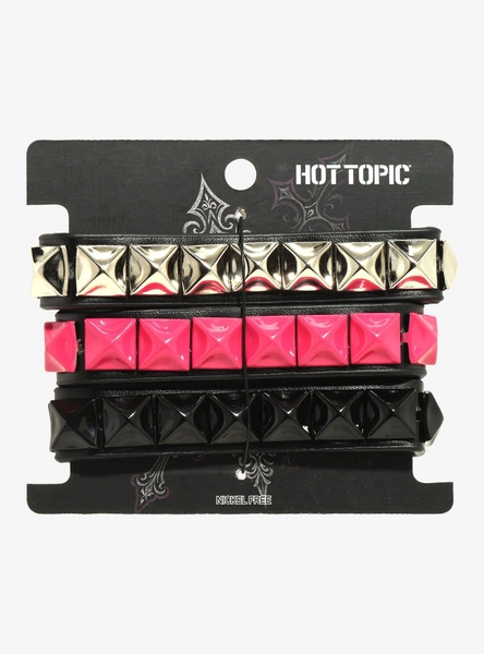 Pink Silver Black Pyramid Stud Bracelet Set