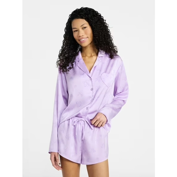 No Boundaries Sleepwear Satin Long Sleeve Button-Up Top and Shorts Set, 2-Piece, Women’s XS-XXL