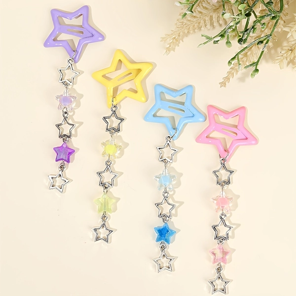 [Y2K Star Hair Clips] 4pcs Y2K Star Hair Clips for Girls | Cute Macaroon Color Gradient Hairpins with Star Tassels, Sweet Hair Accessories for Daily Wear, Parties & Fashion Looks, Durable Clips, Smooth Finish, Playful Design, Shiny Finish