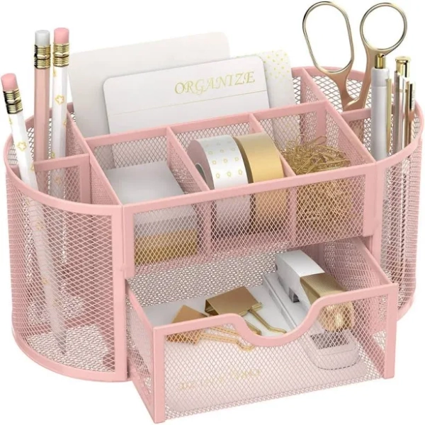 Ebern Designs 9 Compartments Metal Desk Organizer with Drawers and Pencil Holder