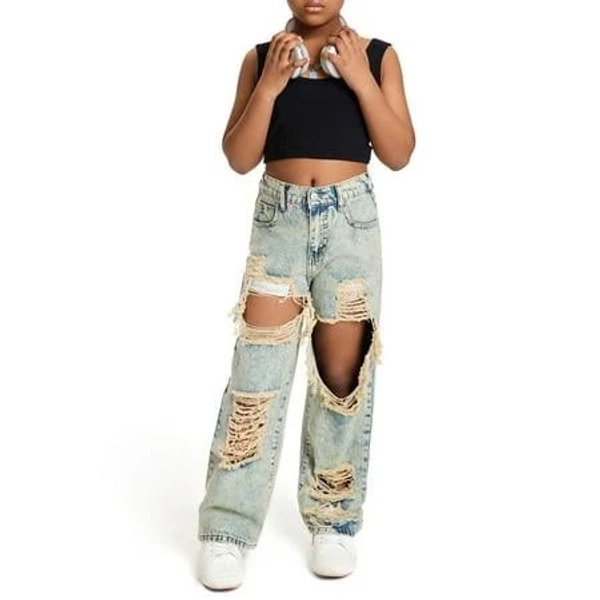 Jahh Girls Ripped Distressed Baggy Wide Leg Jeans