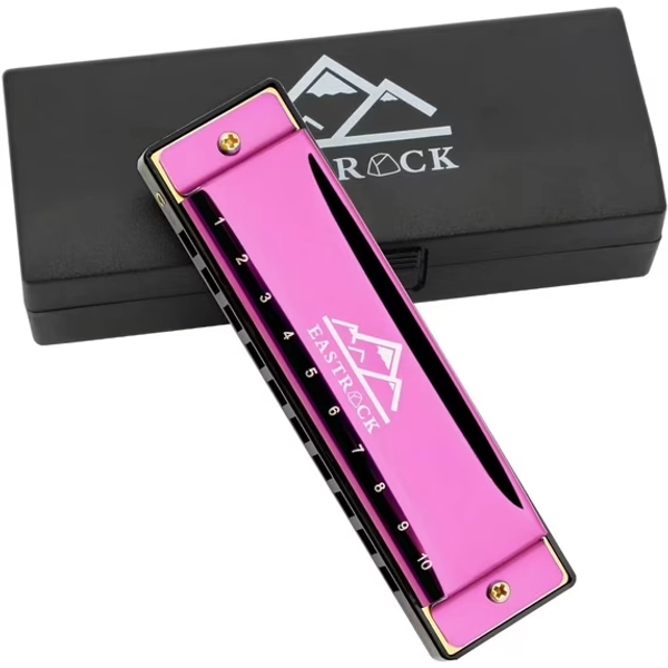 EASTROCK 10 Holes Key of C Blues Harmonica for Beginner Students Professional Metal Blues Harp Mouth Organ with Case Pink