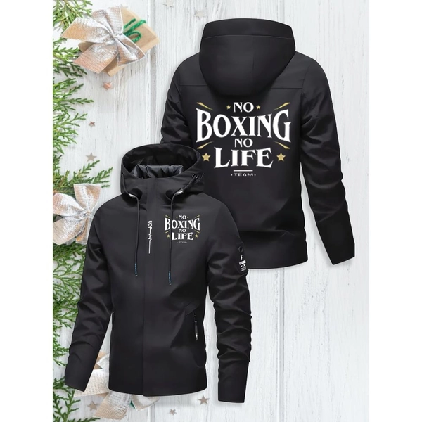Men'S Stylish Windproof Hooded Jacket - "No Boxing Life" Graphic, Beige, Zip-Up, Long Sleeve, Casual Outdoor Wear for Fall/Winter, Perfect Halloween & Christmas Gift, Winter Jacket, Men Clothe, Men T-shirt