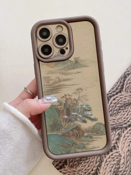 1pc Vintage Landscape Design Thick Protective Camera Hole Anti-Fall Phone Case, Compatible With IPhone Apple 11 Pro Max, 12 Pro Max, 13 Pro Max, 14 Pro Max, 15 Pro Max, 16 Plus, 16 Pro Max, 16E, Galaxy A55, A15, S24 Ultra, S25 Ultra, Redmi, OPPO/Realme, VIVO, Infinix, Honor, One Plus, Coffee Brown Waterproof Shockproof Scratch Resistant