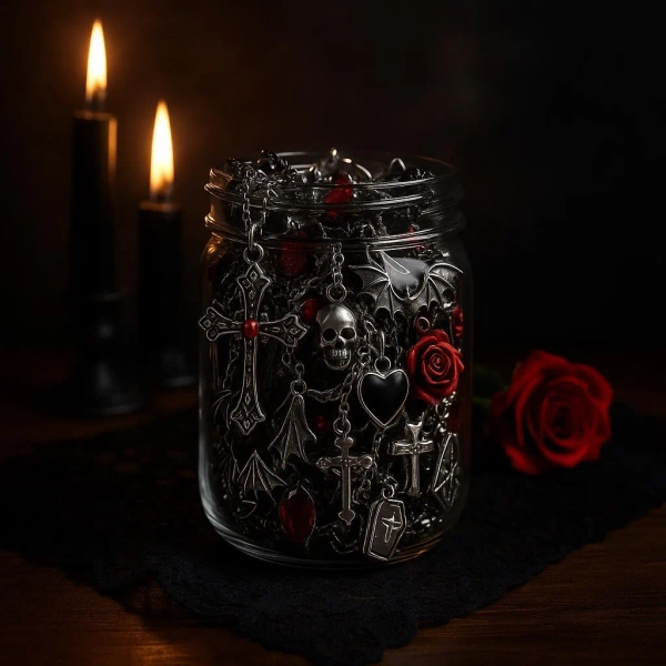 Gothic Custom Mystery Jewelry Jar | Dark Aesthetic Jewelry Box | Skull, Coffin & Cross Charms | Witchy Gift | Handmade by Lony Customizable