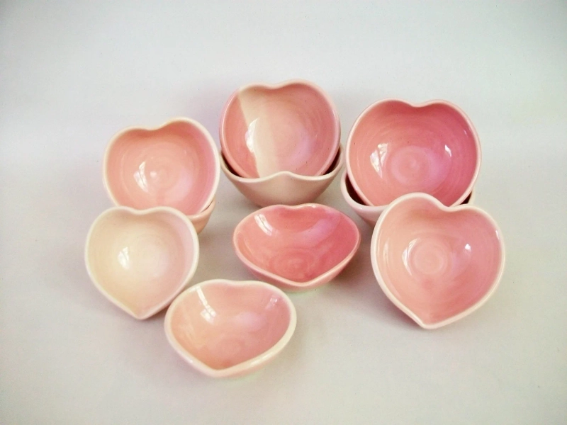 Handmade Pink Porcelain Heart Bowls: Wedding Shower Favors, Set of 10