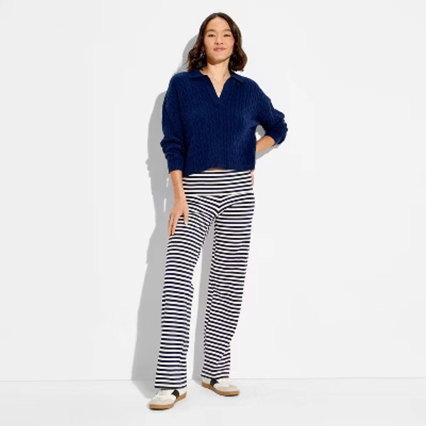 Women's Low-Rise Straight Leg Pull-On Pants - Wild Fable™ Navy Blue Striped XS