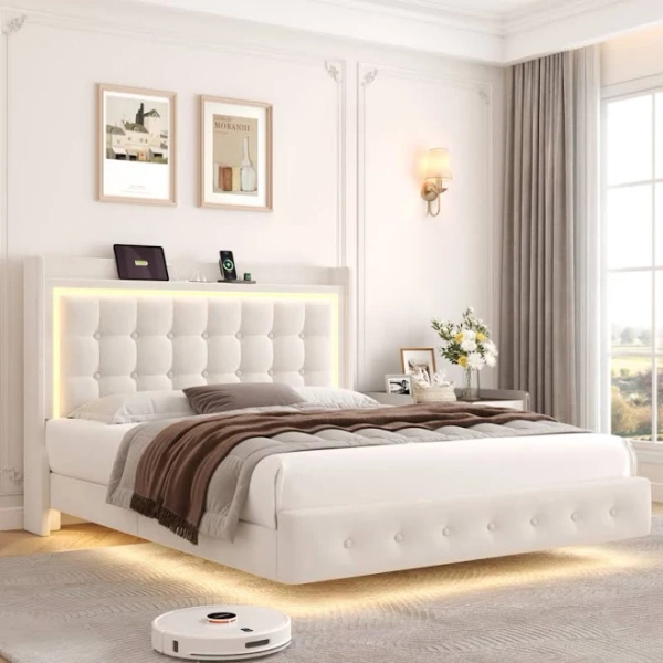 Latitude Run Upholstered Platform Bed with LED Lights, Charging Port, and Floating Bed