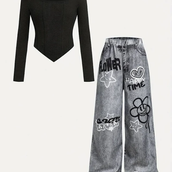 girls sets, Clothes for girls,' Long Sleeve Square Neck Irregular Top with Letter Print and Pants Two-Piece Set