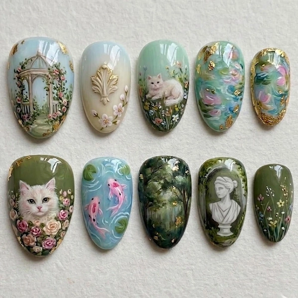 Handmade 3D Gold Leaf Victorian Almond Press On Nails, Aesthetic Regencycore Statue False Nails Luxury Fine Art Botanical Nail Art