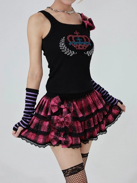[£32.48]Black Tank with Red Plaid Bow & Rhinestone Crown – Gyaru Style