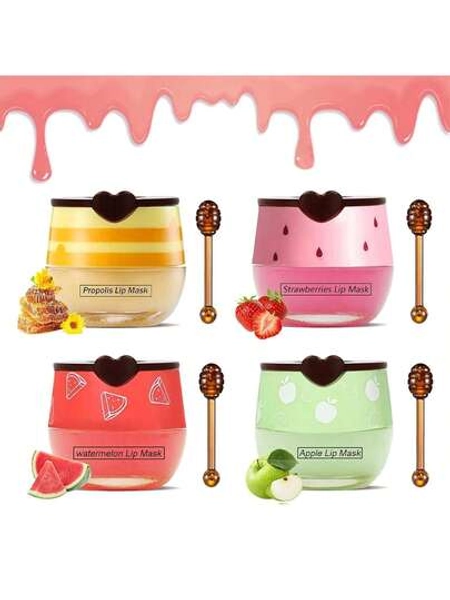 4PCS Bee Lip Balm Honey Pot,Honey&Strawberry&Watermelon&Apple Lime Lip Mask Overnight Propolis Moisturizing Lip Balm Hydrating Prevention Dry And Crack Lip Scrubs Exfoliator Lip Wrinkle Care,Skincare