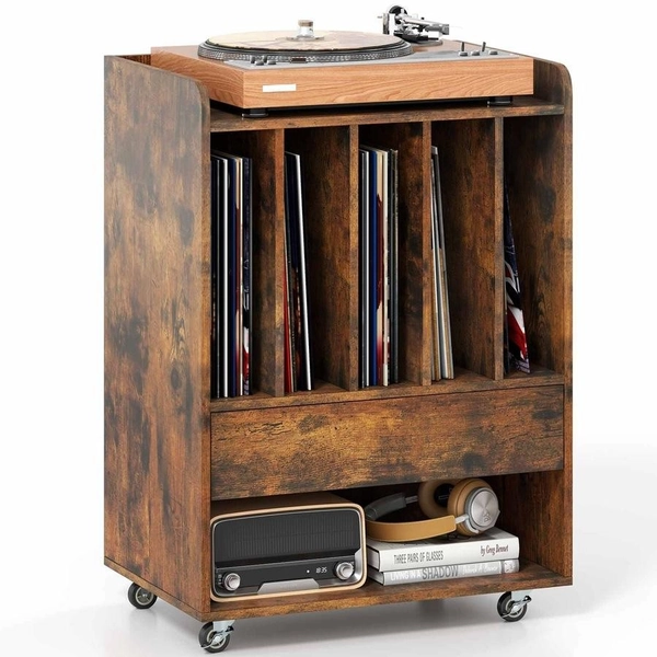 Costway Record Player Stand on Wheels Turntable Stand w/5Compartment Drawer Vinyl Display Shelf Storage Cabinet Brown