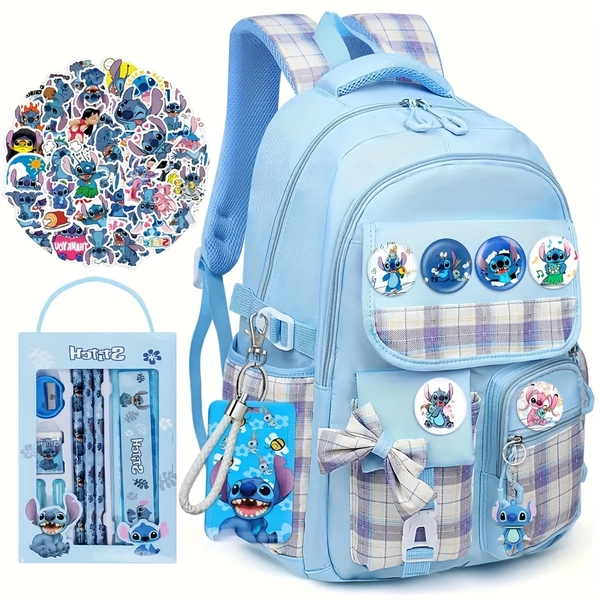 [Disney License] Stitch Backpack Blue Large Capacity Backpack Stitch Adjustable Straps Backpack Set Include Stationery Set, Keychains, Button Pins, Stickers, Card Holder