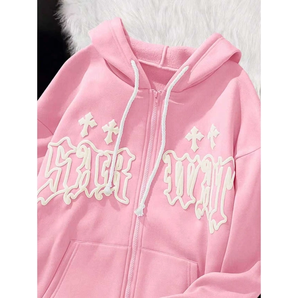 [Women's Foil Hoodie] Women's Letter Pattern Foil Printed Casual Zip-Up Hoodie - Autumn/Winter Long Sleeve Top for Graduation, Back-To- Outfit, Female Teacher Attire, Fall Pullover for Back-To