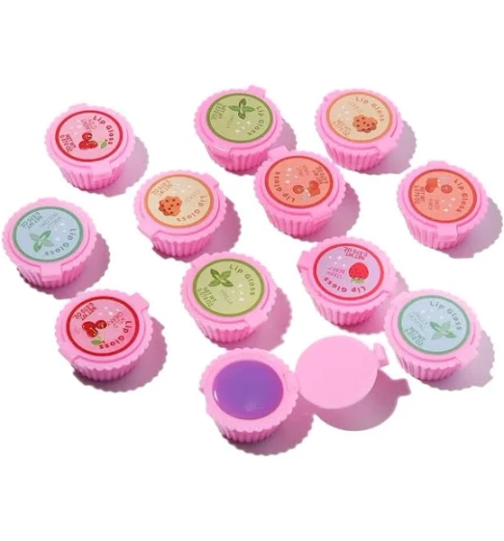Girls Party Lip Gloss Set of 12 Pcs - Assorted Fruity Favors with Cute Cupcake Designs - Ideal for Birthday Gifts - Lipstick, Makeup