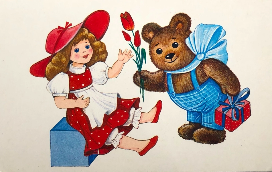 Doll Teddy Bear Hat Greeting Card 1988 Vintage Postcard Unposted