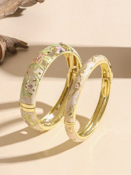 2pcs/Set Women's Vintage Enamel Inlaid Hollow Flower Bracelet, Enamel Bracelet Party Jewelry Gift