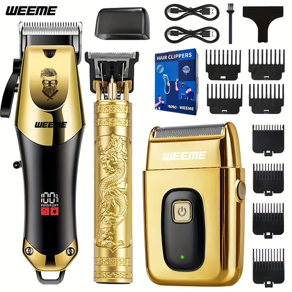 WEEME 3pcs Men's electric hairdresser set, hairdresser hairdresser set, household electric hairdresser set, USB charging electric hairdresser, alloy knife head, LCD display, carving shape, household car travel use, Father's Day gift