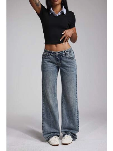 Jeanoix Women's Casual Washed Low Waist Straight Leg Jeans