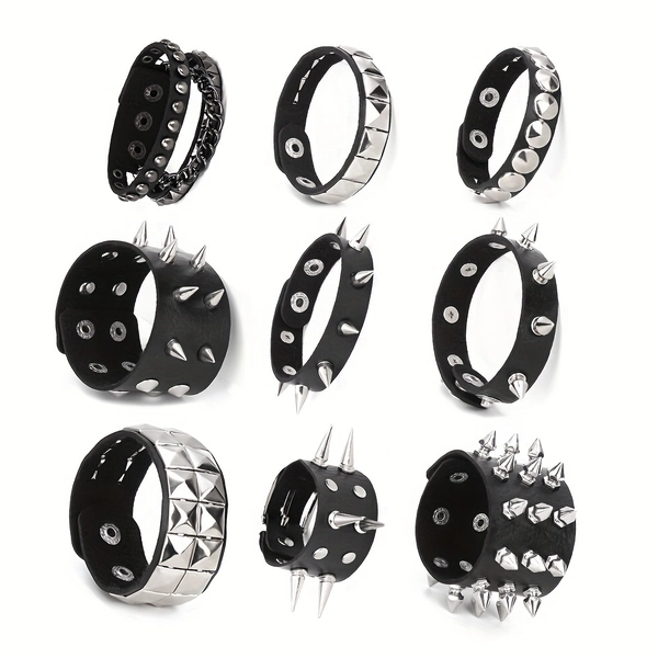 [Punk Rock Bracelets] 9-Piece PU Leather Spiked Rivet Bracelets | Unisex Y2K Rock Wristbands For Women & Men, Adjustable Bangle Cuffs For Punk Rock Fashion Accessory