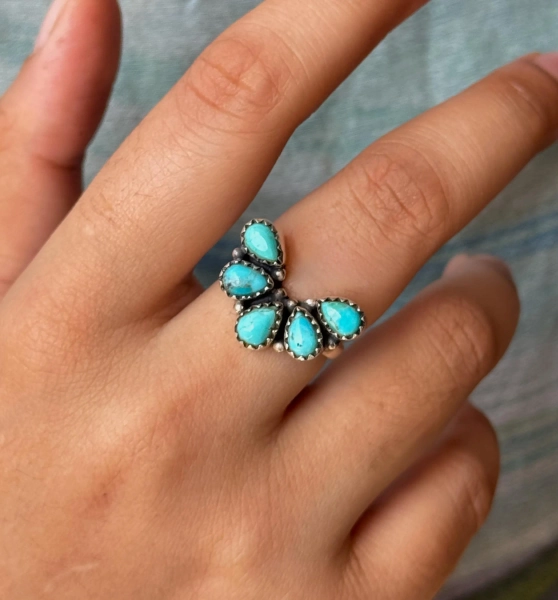 Genuine Turquoise Cluster Ring - 925 Sterling Silver Ring - Turquoise Stackable Ring - Turquoise Statement Ring - Teardrop Turquoise Rings