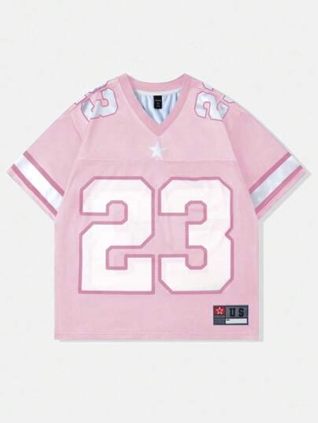 ROMWE MEN Prep World Cup Spring/Summer Casual Graphic Pink Men'S Mesh Contrast Sports Short Sleeve Football Jersey Style T-Shirt Athletic Jersey, 2000S Style - Size L